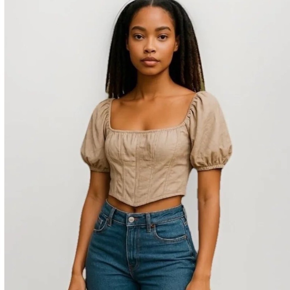 Kirious Los Angeles Beige Corset Crop Top Puff Sleeve Small Smocked Back Neutral